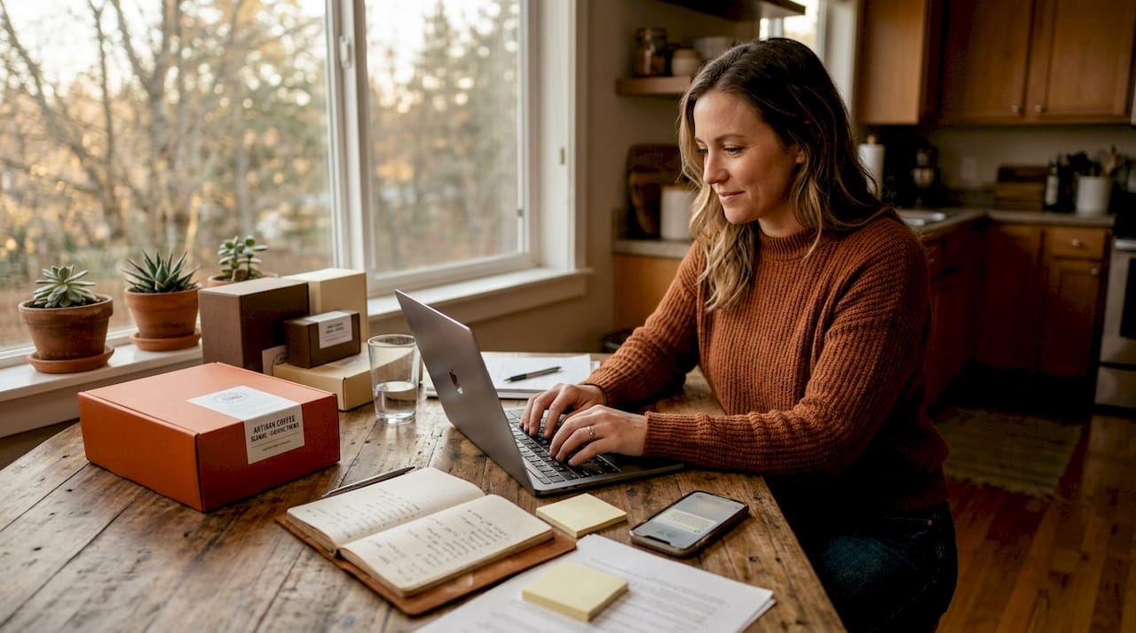 Ecommerce owner typing at home with products