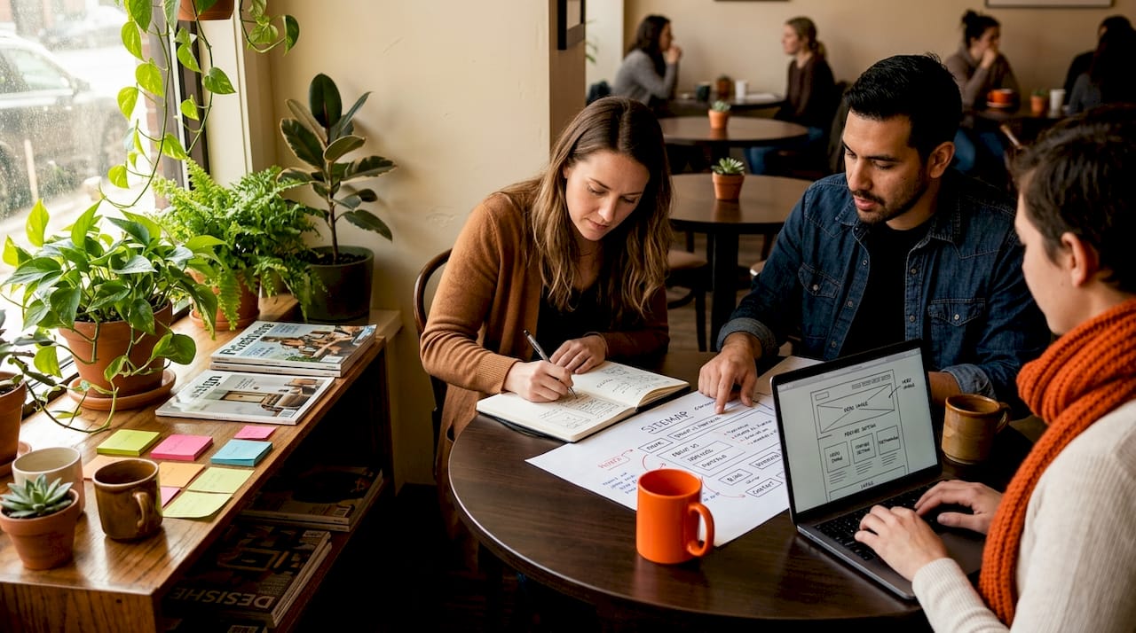 Team planning website architecture at office table
