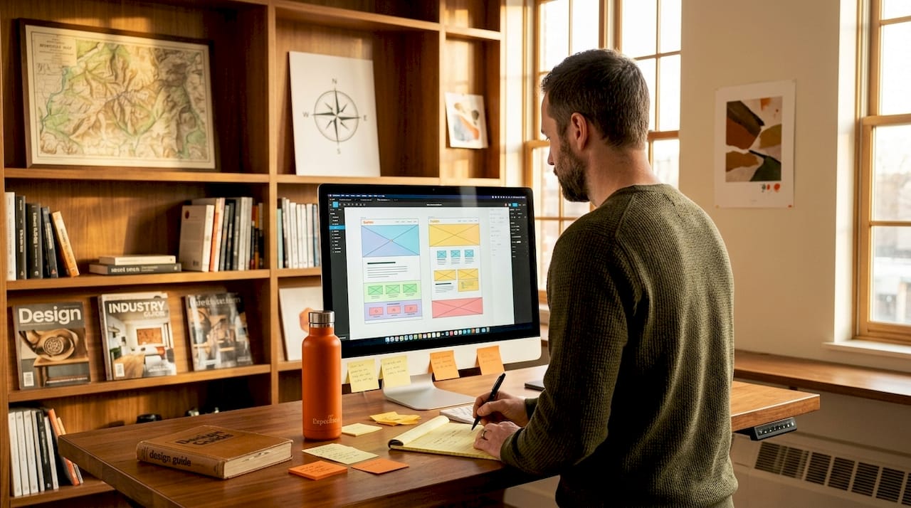 Web designer reviewing website wireframes at desk