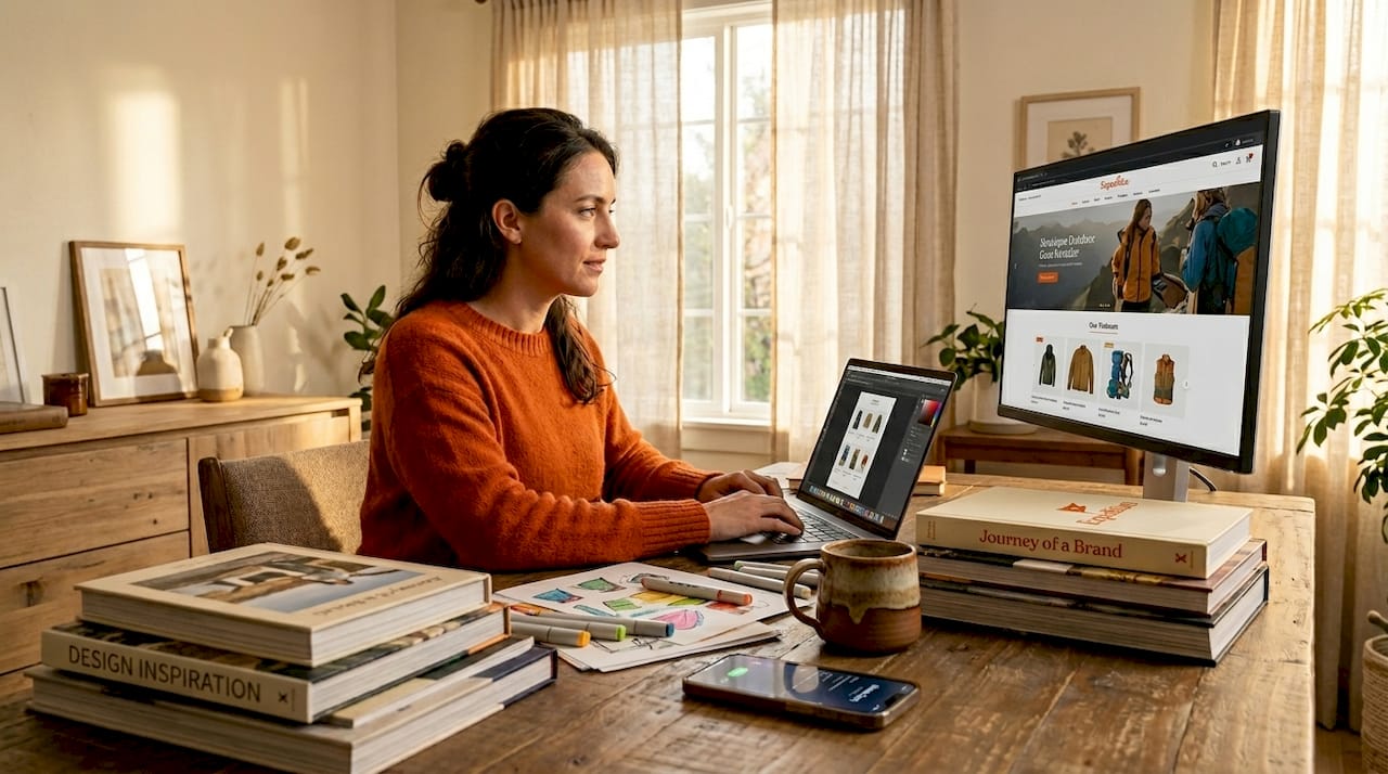 Woman building ecommerce website at home table
