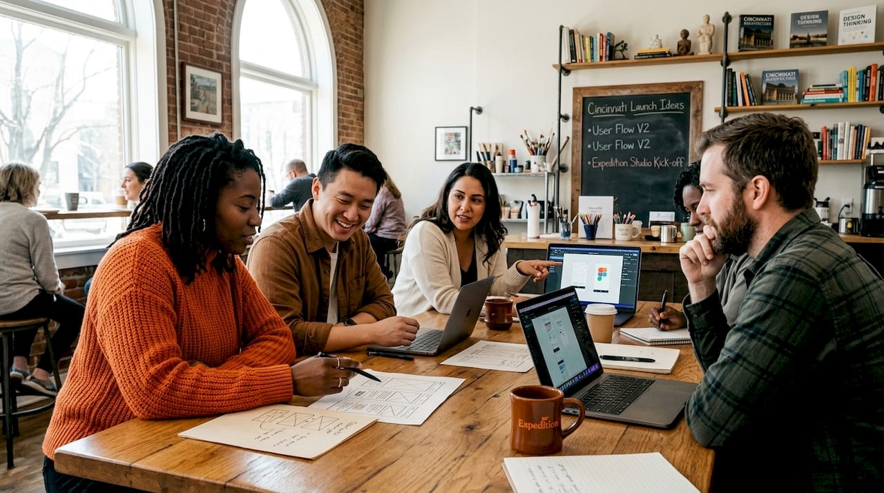 Web design team collaborating in modern office space