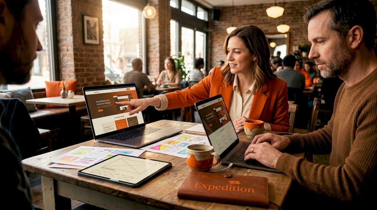 Web design agency team collaborating around a table