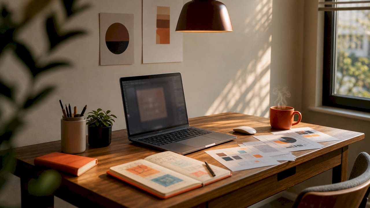 Workspace with devices and blurred analytics dashboard